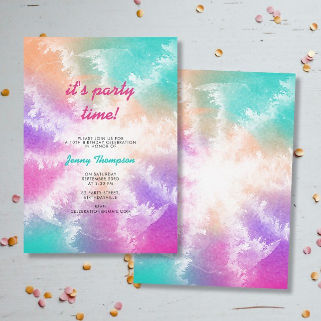 Gefärbte Krawatte Pastell Rosa Orange Aquamarin Li Einladung (Tie Dye Pastel Pink Orange Teal Purple Birthday Invitation)