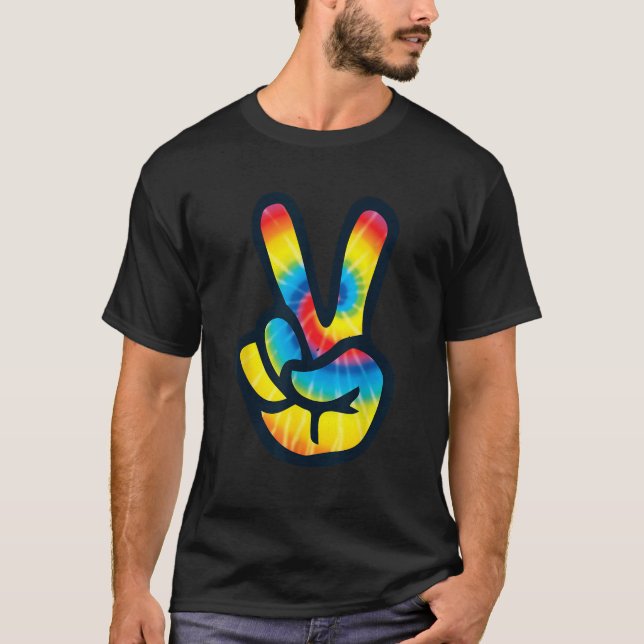 Gefärbte Krawatte Peace Sign Hand V Symbol 60er 70 T-Shirt (Vorderseite)