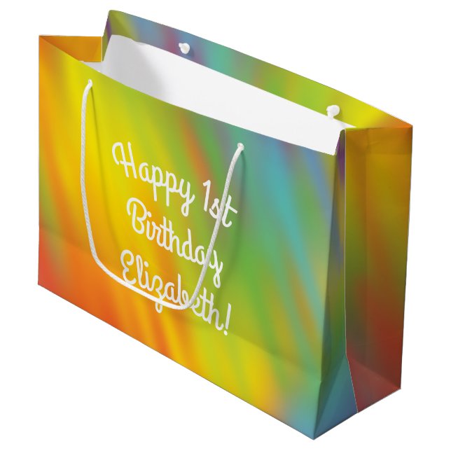 Gefärbte Krawatte Rainbow Birthday Party Große Geschenktüte (Vorderseite Schrägansicht)