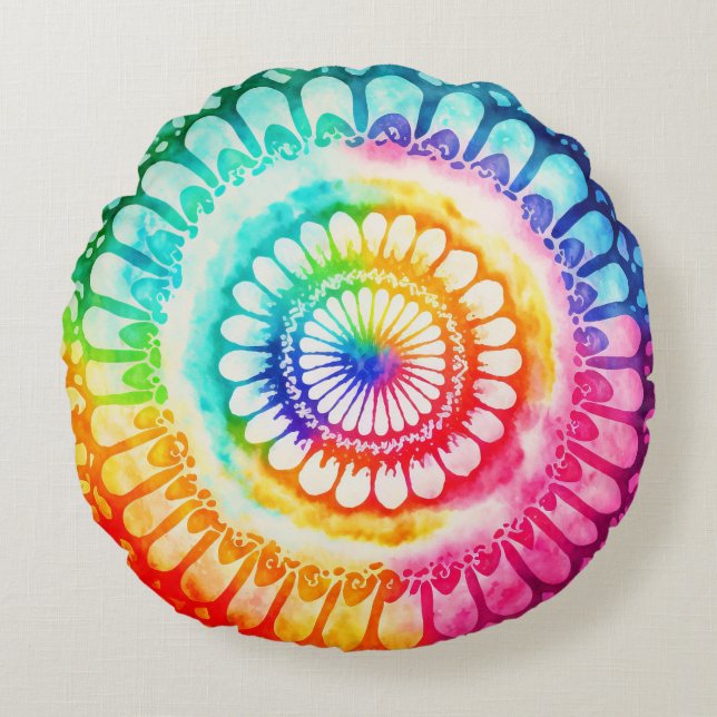Gefärbte Krawatte Rainbow Colors Retro Hippie Groo Rundes Kissen (Vorderseite)