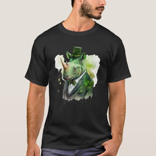 Gefärbte Krawatte Rhino Tuxedo Leprechaun Hat St P T-Shirt (Vorderseite)