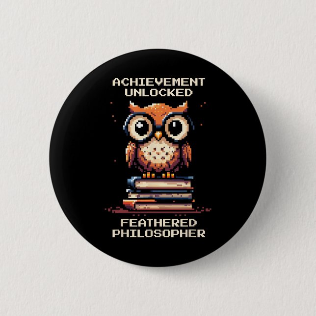 Gefiederter Philosoph freigeschalteter Eule Retro- Button (Vorderseite)