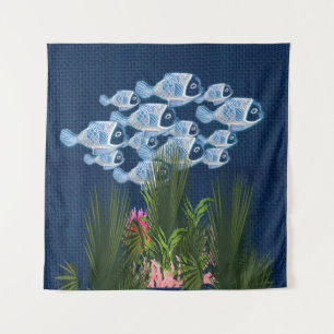 Geflechte Navy, Fische, rosa Korallen Wandteppich