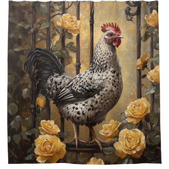 Geflecktes Huhn mit gelben Rosen Ölgemälde Duschvorhang (Vorderseite)