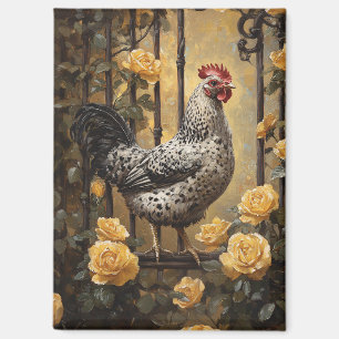 Geflecktes Huhn mit gelben Rosen Ölgemälde Magnet