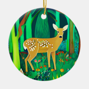 Geflecktes Reh in einer Fantasy-Waldkulisse  Keramik Ornament