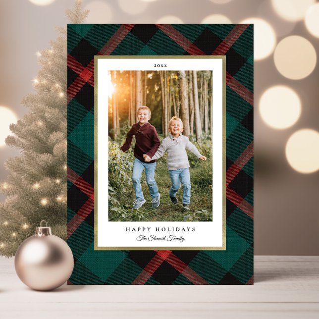 Geflochtener Karierter Foto Urlaub in Rot und Grün Karte (Folded Red and Green Plaid Happy Holidays Photo Card)