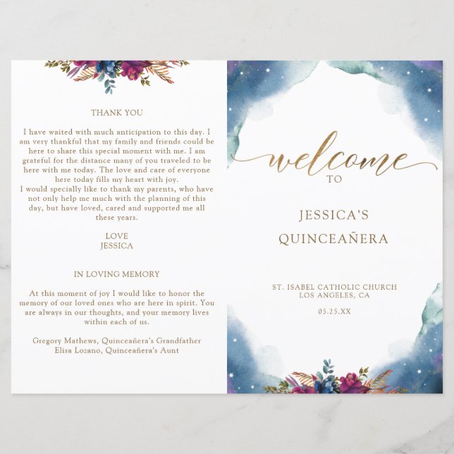 Geflochtenes, Celestial Starry Quinceañera Program (Vorderseite)