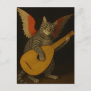 Geflügelte Musikerkatze, die Lute spielt, Kunst Postkarte