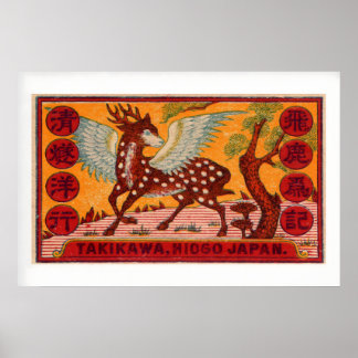 Geflügelter Hirsch Hyogo Japan Vintage-Streichholz Poster
