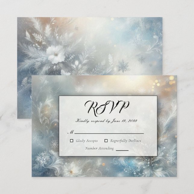 Gefrorene Petalen in einer Golden Winter Mist Hoch RSVP Karte (Vorne/Hinten)