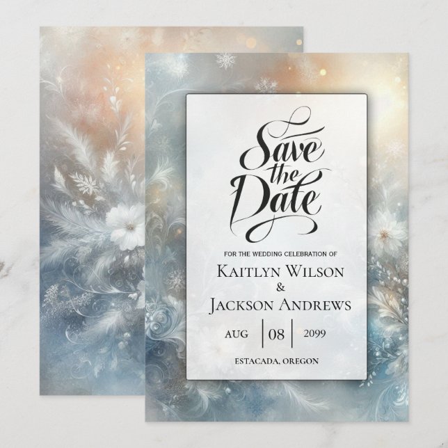 Gefrorene Petalen in einer Golden Winter Mist Hoch Save The Date (Vorne/Hinten)