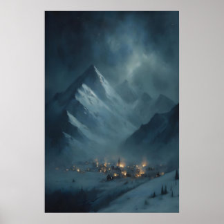 Gefrorenes schneebedecktes Bergdorf unter schneebe Poster