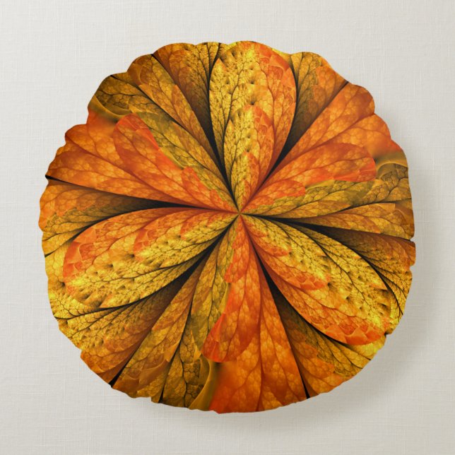 Gefühl Herbst, Modernes Abstraktes Fraktal Blume Rundes Kissen (Vorderseite)