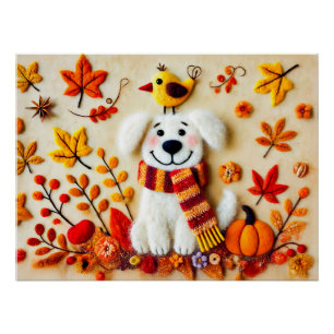 Gefühlter Hund mit Herbstlaub und einem Vogel Poster