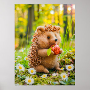 Gefühlter Igel mit Apfel im Gänseblümchenbeet Poster