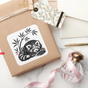 GEFUNDEN • StillWood • Rotes Panda Quadratischer Aufkleber