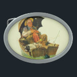Gegangene Fischerei Ovale Gürtelschnalle<br><div class="desc">Künstler: Schlafender alter Mann u. Hund Norman Rockwells | in den Angelschnüren des Rowboat w/multiple</div>