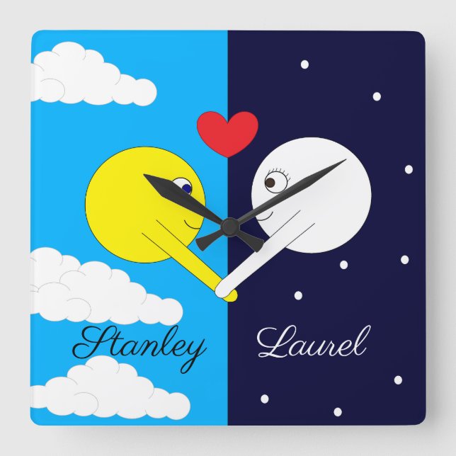 Gegensätze Attraktion: Sonne und Mond in Liebe Quadratische Wanduhr (Vorderseite)