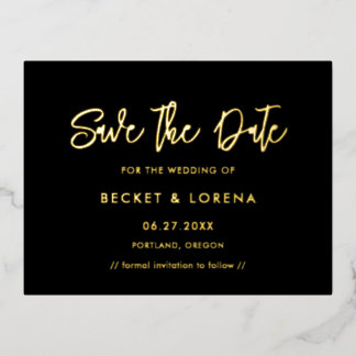 Gegenwärtig Save the Date schwarze und goldene Fol Folie Einladungspostkarte