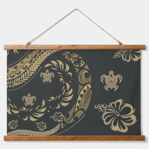 Gegenwärtige hawaiianische Tapa-Icons Wandteppich Mit Holzrahmen