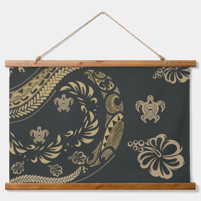 Gegenwärtige hawaiianische Tapa-Icons Wandteppich Mit Holzrahmen (Vorne)