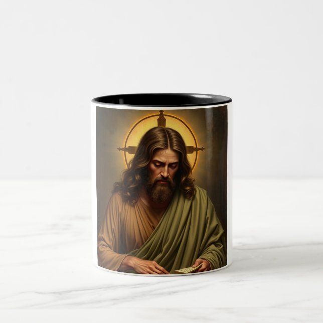 Gegenwärtiger Jesus mit Halo Zweifarbige Tasse (Mittel)