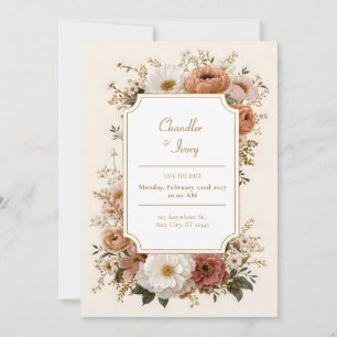 Geglättete Terrakotta-Pfirsich-Wildblumen-Hochzeit Einladung