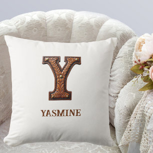 Geglättetes Western-Leder Initial-Monogramm Y Kissen