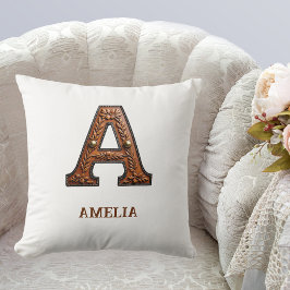 Geglättetes westliches Leder Initial-Monogramm A Kissen