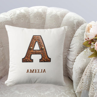 Geglättetes westliches Leder Initial-Monogramm A Kissen