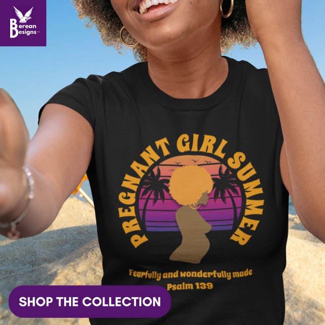GEGNANGENER Christlicher MÄDCHENSOMMER T-Shirt (Pregnant Girl Summer with customizable Christian Bible verse and afro queen silhouette and sunset)