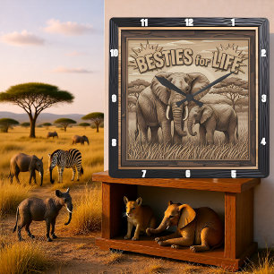 Gegravierte Elefantenmutter Baby Savannah Quadratische Wanduhr
