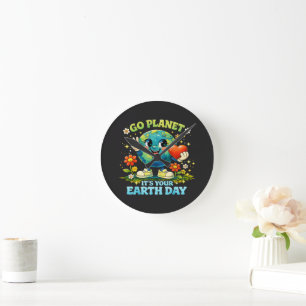 Geh Planet Erde Tag grün Runde Wanduhr