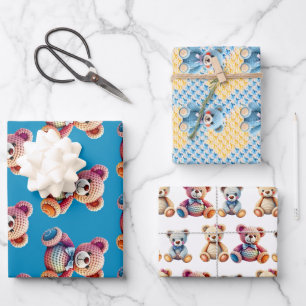 Gehäkelte Kuscheltiere Blau und Gelb Geschenkpapier Set