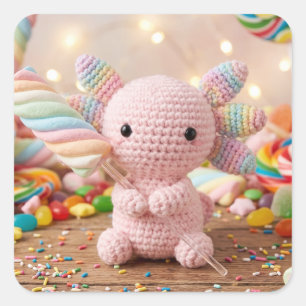 Gehäkeltelachsrosa Axolotl Pastell Süßigkeiten  Quadratischer Aufkleber