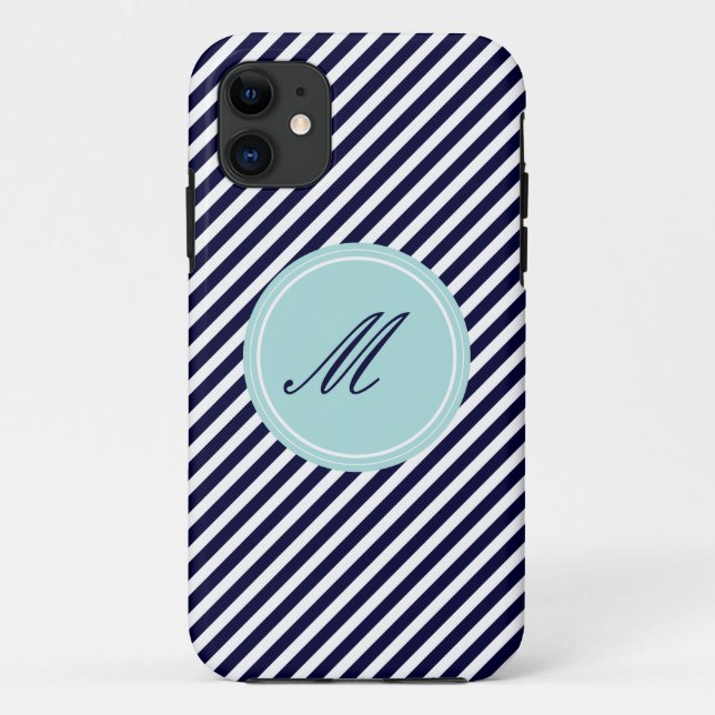 Gehäuse Navy Blue & White Stripes mit Monogram iPh Case-Mate iPhone Hülle (Rückseite)