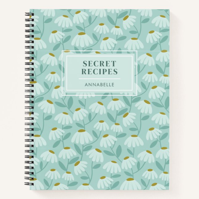 'Geheime Rezepte' Monogramm Teal Blumenmuster Notizbuch (Vorderseite)