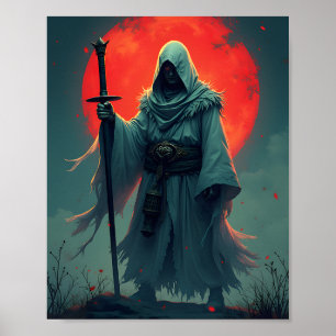 Geheimnisvolle Figur mit Kapuze unter Blutmond Poster