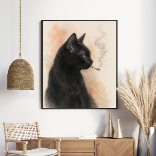 Geheimnisvolle schwarze Katze raucht Vintage Gra Poster