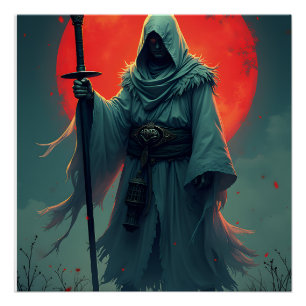 Geheimnisvolle verhüllte Figur unter dem Blutmond Poster