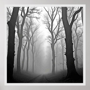 Geheimnisvoller nebliger Waldweg Poster