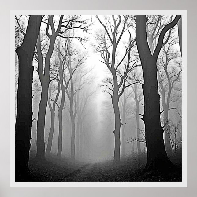 Geheimnisvoller nebliger Waldweg Poster (Vorne)