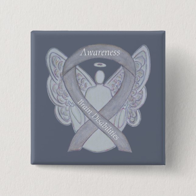 Gehirnbehinderungen Silver Awareness Ribbon Angel Button (Vorderseite)