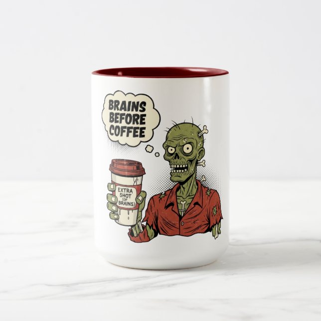 Gehirne vor Kaffee Zombie Halloween Zweifarbige Tasse (Mittel)
