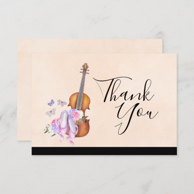 Geige, Ballettschuhe, Blume und Schmetterlinge Einladung (Vorne/Hinten)