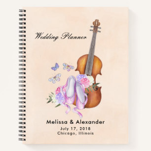 Geige, Ballettschuhe und Schmetterlinge Hochzeitsp Notizbuch