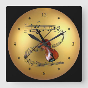 Geige ~Musikalische Scroll ~ Golden Globe Hintergr Quadratische Wanduhr