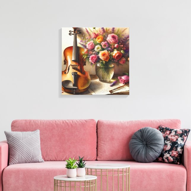 Geige, Noten und eine Vase der Blume Leinwanddruck (Insitu (Wohnzimmer))