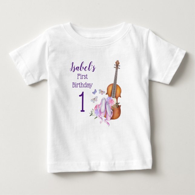 Geigenballett und Schmetterlinge zum ersten Geburt Baby T-shirt (Vorderseite)